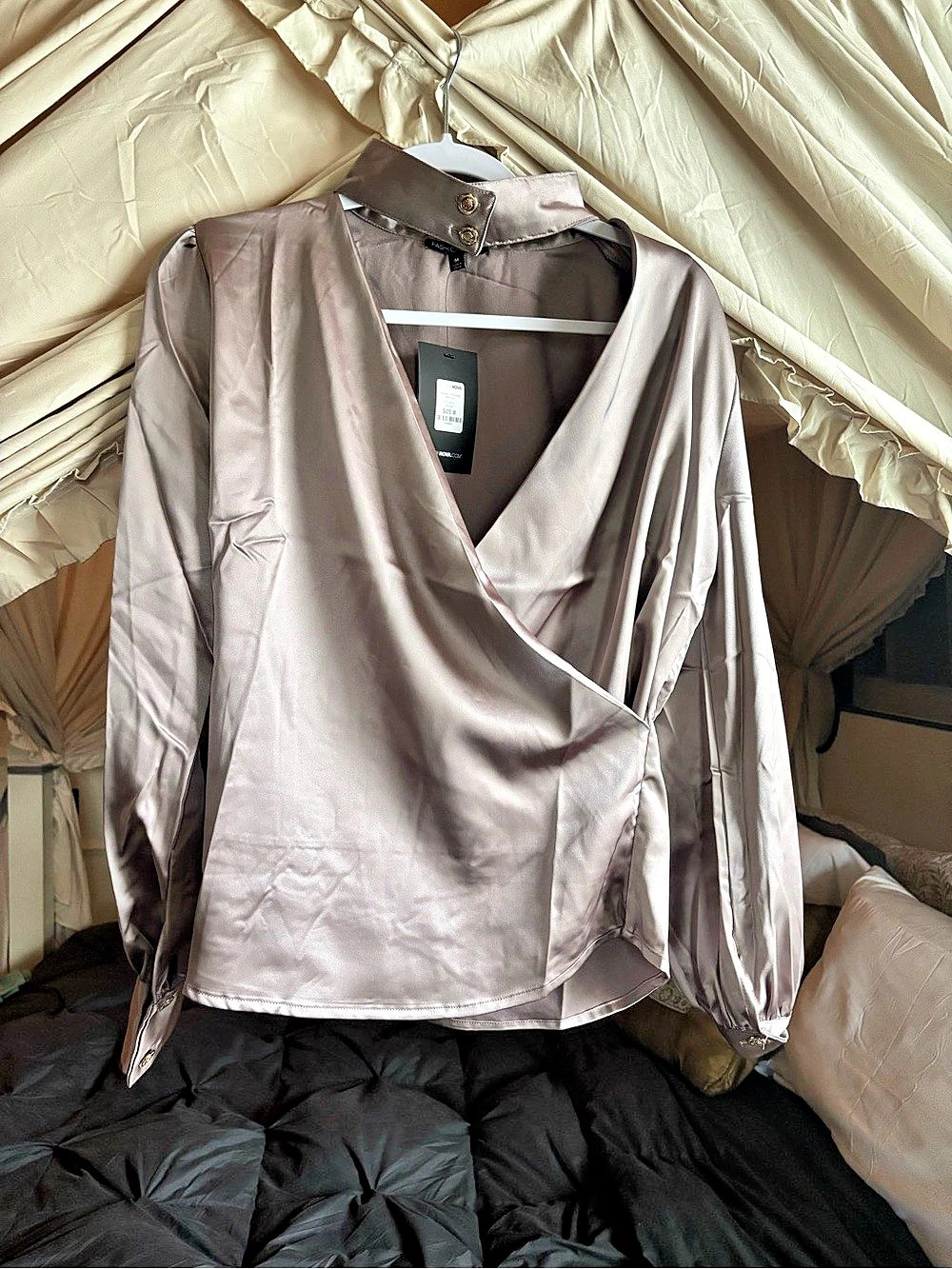 Fashion Nova Sparkling Champagne Satin Top Long Sleeve Satin Blouse in Pink Size